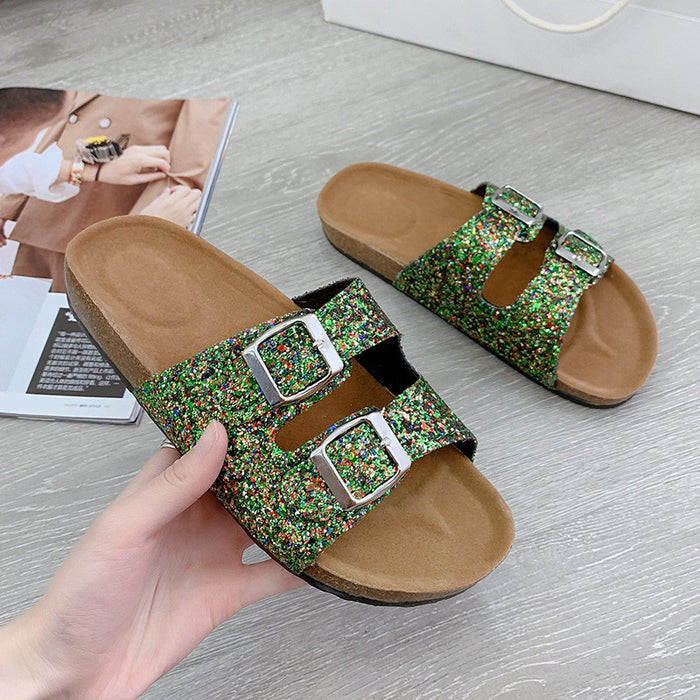 Wholesale Plus Size Cork Round Toe Trend Sequin Casual Flat Double Buckle Sandals JDC-SD-ChunC001