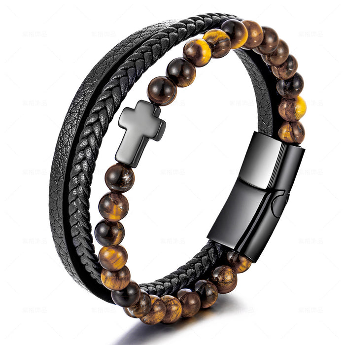 Wholesale Stainless Steel Natural Tiger Eye Agate Stone Cross Mens Leather Bracelet JDC-BT-ZiGe002