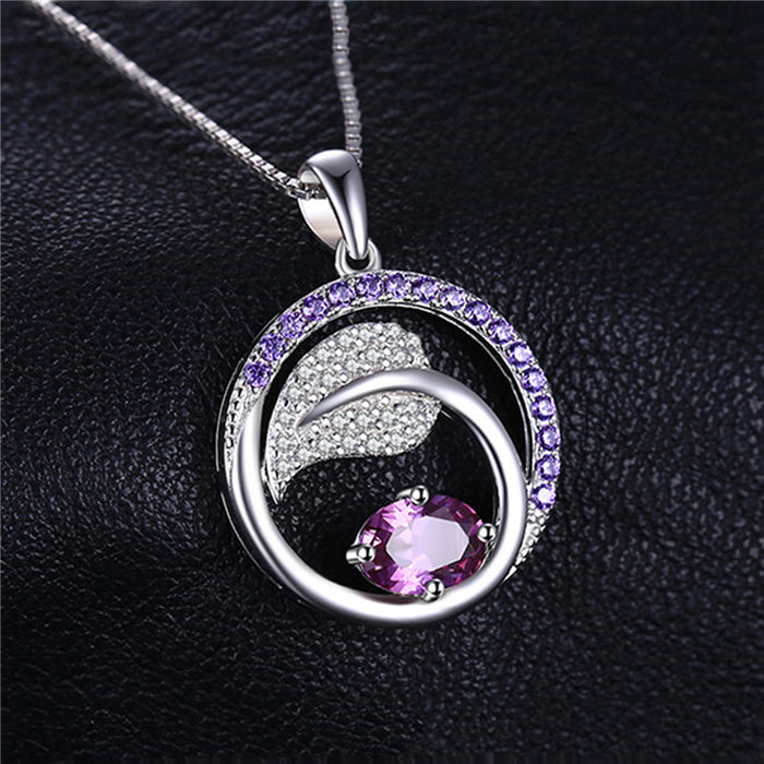 Wholesale Amethyst Luxury Round Leaf Pendant Silver Chain Necklace JDC-NE-ery003