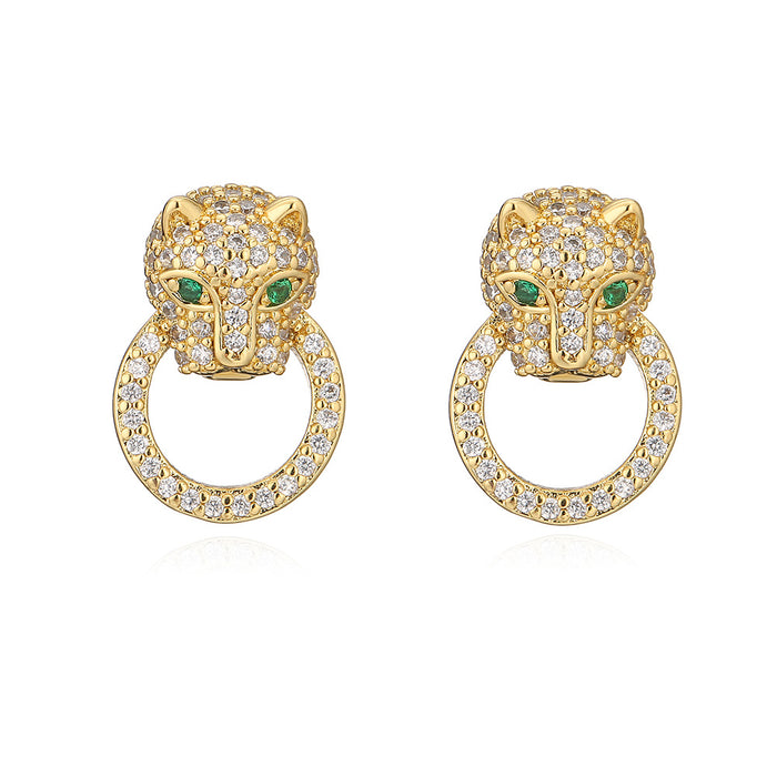 Wholesale Earrings Copper Real Gold Plated Micro Set Zircon Leopard JDC-ES-PREMAG012