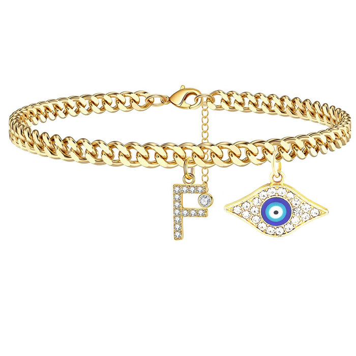 Wholesale 26 English Alphabet Devil's Eye Pendant Cuban Chain Alphabet Anklet JDC-AS-JinM001