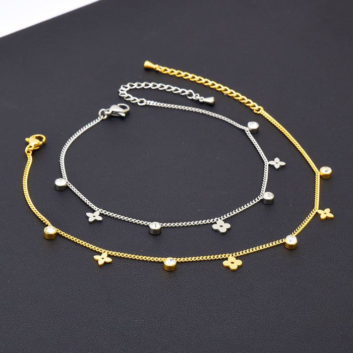 Wholesale Glossy Flower Zircon Anklet 18k Gold Titanium Steel JDC-AS-WeiNS004