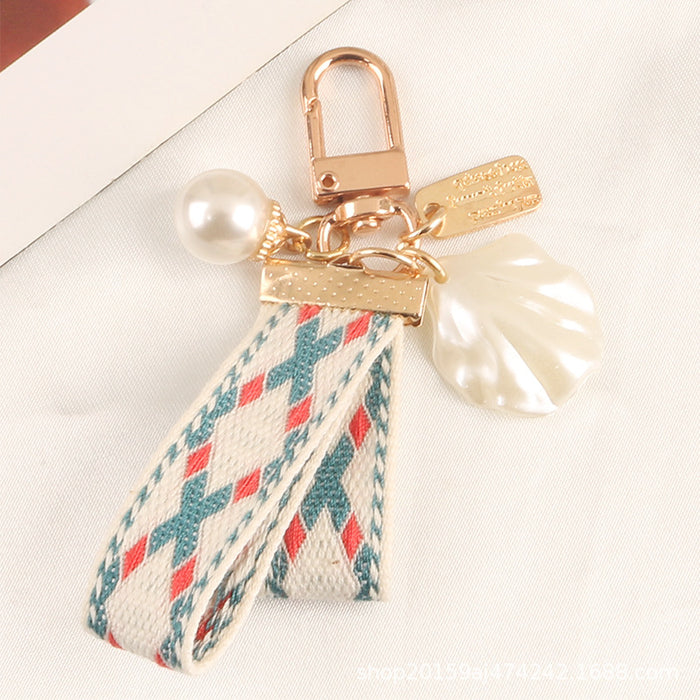 Jewelry WholesaleWholesale Alloy Striped Fabric With Pearl Heart Keychain JDC-KC-YiHan001 Keychains 伊菡 %variant_option1% %variant_option2% %variant_option3%  Factory Price JoyasDeChina Joyas De China