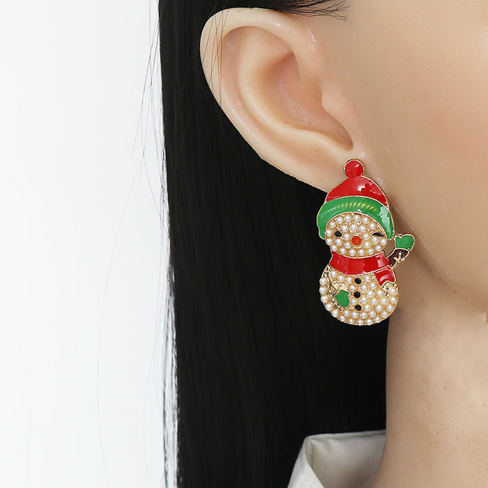 Wholesale Earrings Alloy Enamel Pearl Christmas Snowman JDC-ES-JJ333