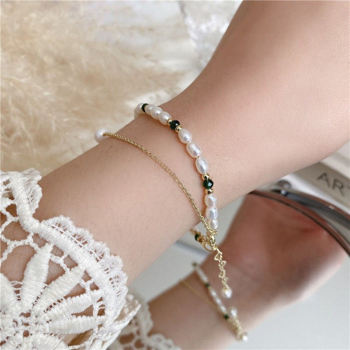 Wholesale Bracelet Pearl Double Baroque Green Crystal JDC-BT-NianJ005