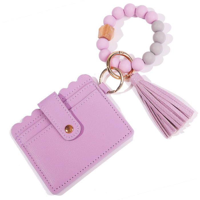 Jewelry WholesaleWholesale PU Leather Silicone Beaded Tassel Card Holder Keychain JDC-KC-JinHan002 Keychains 金涵 %variant_option1% %variant_option2% %variant_option3%  Factory Price JoyasDeChina Joyas De China