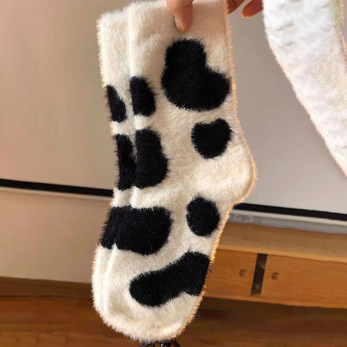 Wholesale Sock Cotton Mink Fleece Black and White Cow Pattern Thick Breathable Sweat-absorbing MOQ≥2 JDC-SK-LanXii001