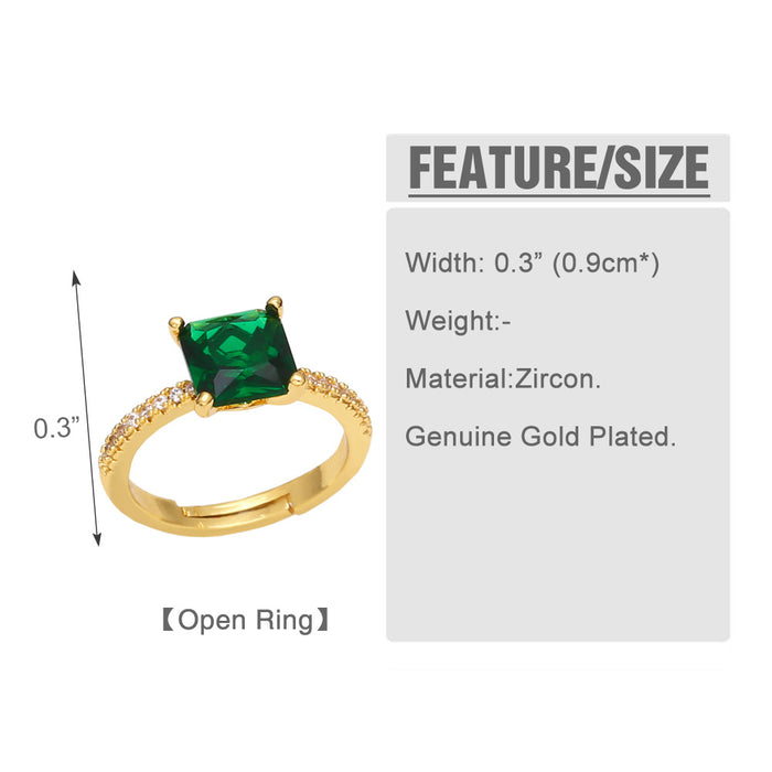 Wholesale Ring Copper Plated 18K Gold Zircon Emerald Square Adjustable JDC-PREMAS-RS-012