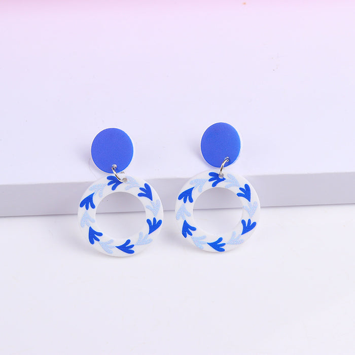 Wholesale blue and white porcelain series simple acrylic print earrings MOQ≥2 JDC-ES-DUAI018