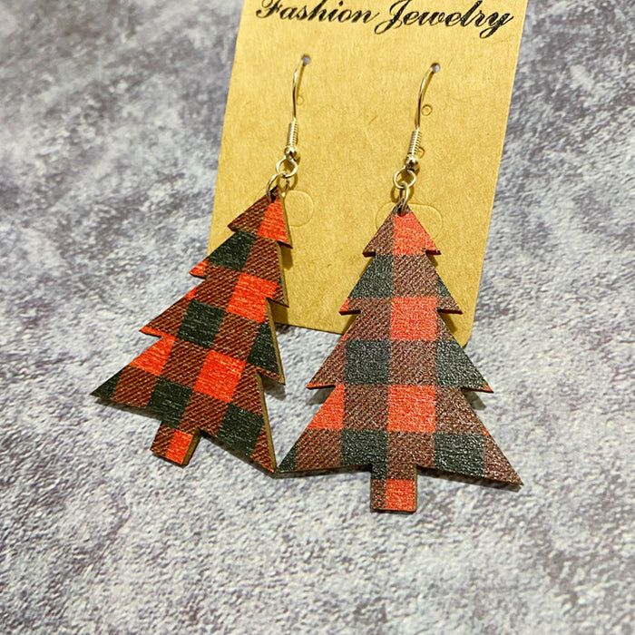 Wholesale Earrings Wooden Snowflake Buffalo plaid Christmas trees MOQ≥2 JDC-ES-JunY001