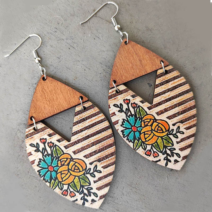 Wholesale Earrings Wooden Boho Sunflower Stripes Big Flower Earrings 2pcs JDC-ES-Heyi032