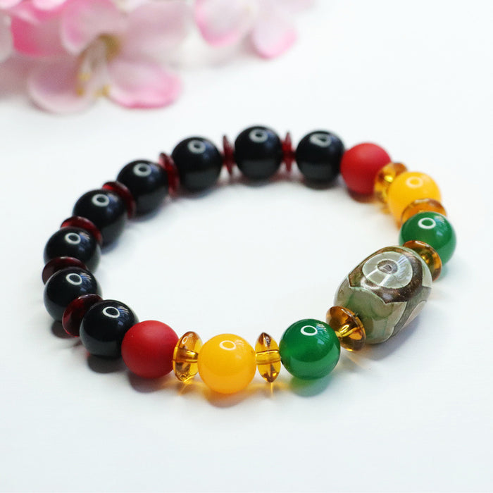 Wholesale Three Eyed Dzi Beads Black Agate Chrysoprase Bracelet Jewelry JDC-BT-JuanY003