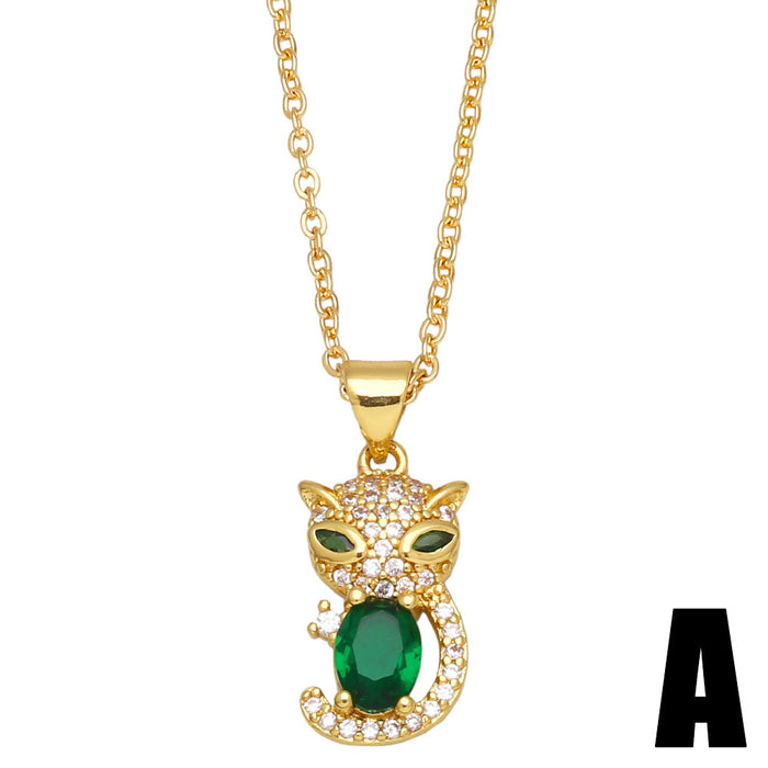 Wholesale Necklace Copper Plated 18K Gold Zircon Emerald Leopard Head JDC-PREMAS-NE-018