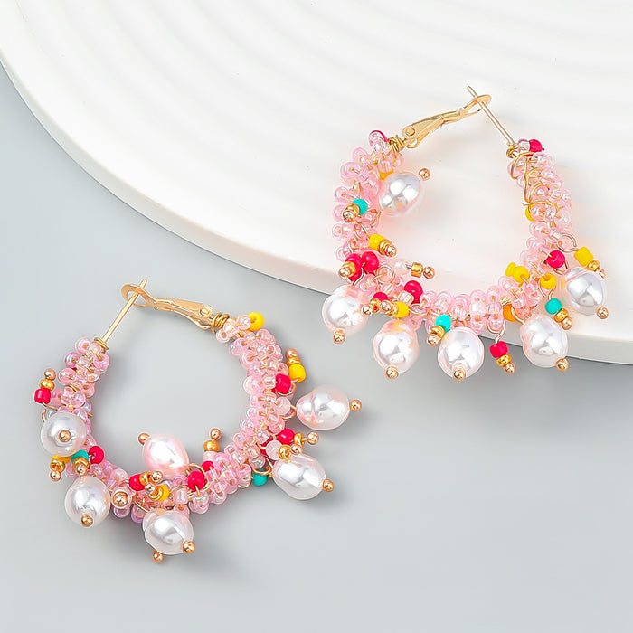 Wholesale Round Alloy Rice Bead Braided Wreath Earrings JDC-ES-JL1002