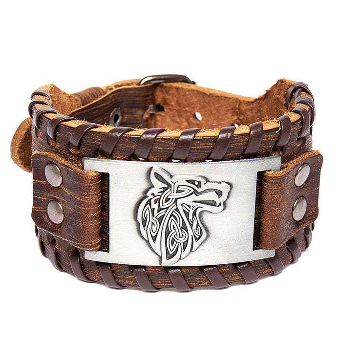 Wholesale Handmade Leather Double Layer Alloy Wolf Head Wide Leather Bracelet JDC-BT-BaB001