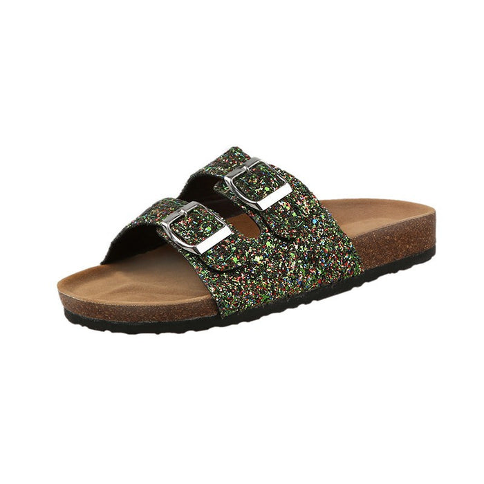 Wholesale Plus Size Cork Round Toe Trend Sequin Casual Flat Double Buckle Sandals JDC-SD-ChunC001