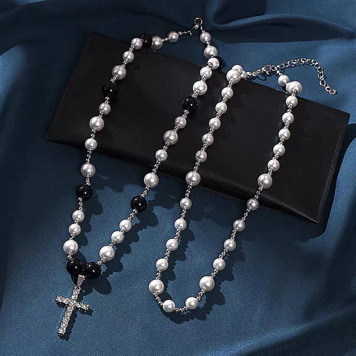 Wholesale Necklace Titanium Steel Pearl Diamond Zircon Cross Men's Necklace JDC-NE-HONGHUI001