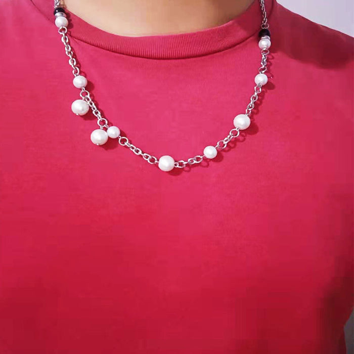 Wholesale Necklace Titanium Steel Vintage Double Layer Wear Natural Pearl Stitching JDC-NE-HONGHUI002