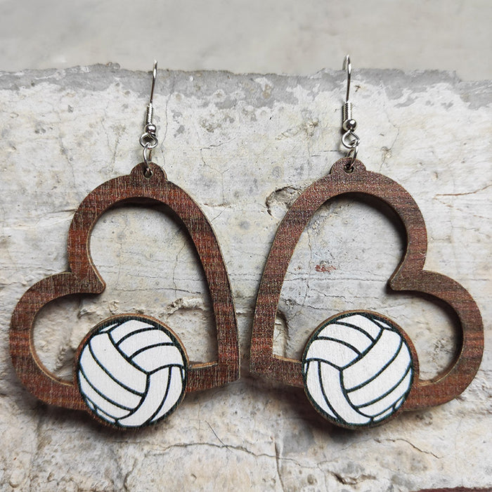 Wholesale Earrings Wooden Heart Shaped Hollow Soccer Volleyball Basketball 2 Pairs JDC-ES-HeYi079