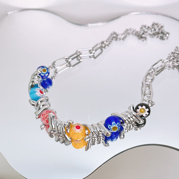 Wholesale light luxury niche design colorful glass beads thorn necklace JDC-NE-wusu001