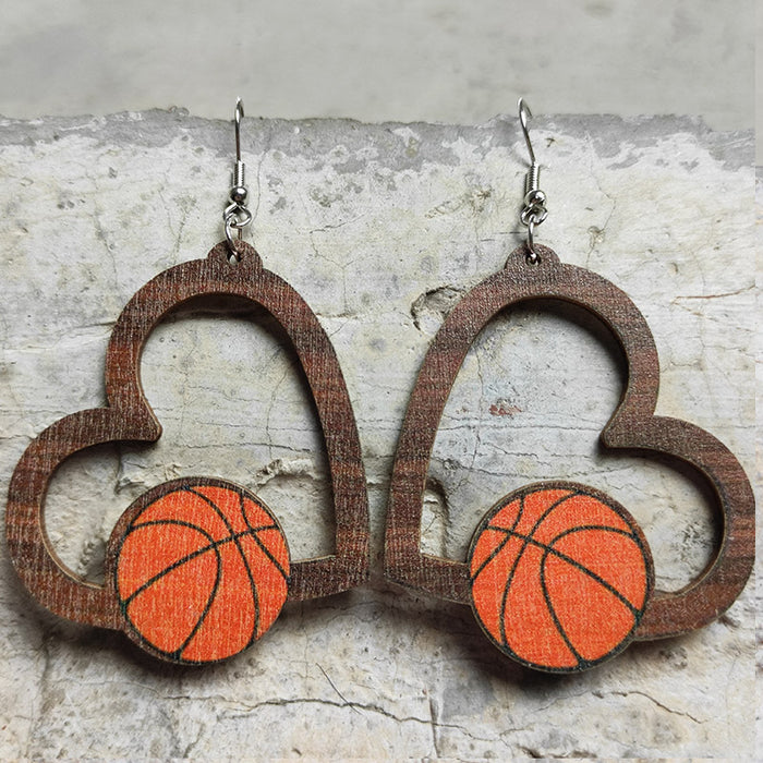 Wholesale Earrings Wooden Heart Shaped Hollow Soccer Volleyball Basketball 2 Pairs JDC-ES-HeYi079