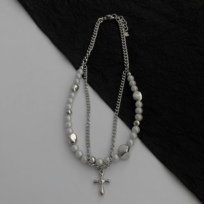 Wholesale Necklace Titanium Steel Reflective Pearl Cross Clavicle Chain Bracelet Jewelry Set JDC-NE-GM012