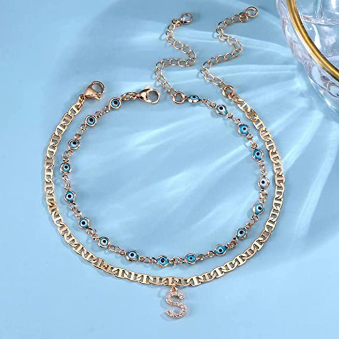 Wholesale Anklet Blue Devil's Eye 26 Letters Copper Gold Plated MOQ≥2 JDC-AS-JinM009