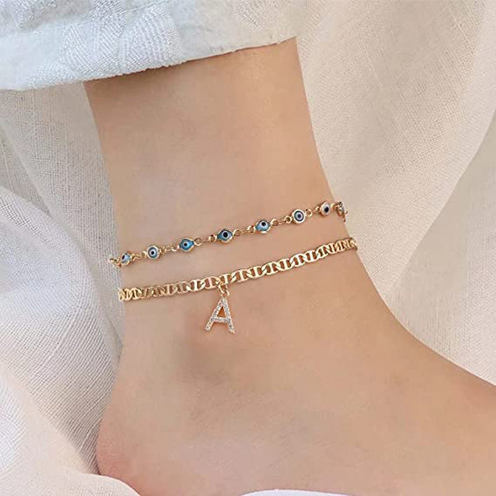 Wholesale Anklet Blue Devil's Eye 26 Letters Copper Gold Plated MOQ≥2 JDC-AS-JinM009