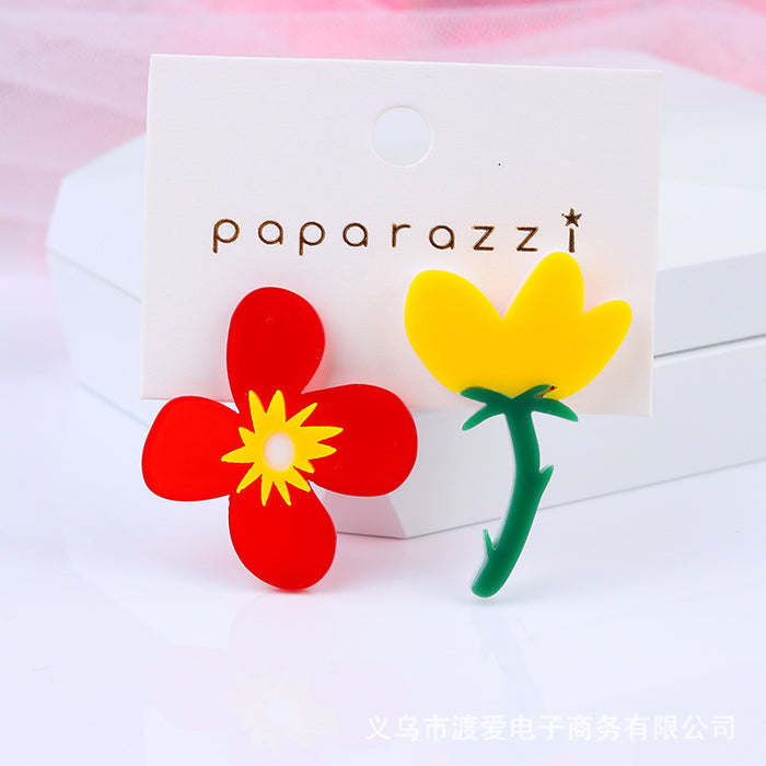 Wholesale Small Fresh Earrings Asymmetric Acrylic Embossed Printed Flowers MOQ≥2 JDC-ES-DUAI026