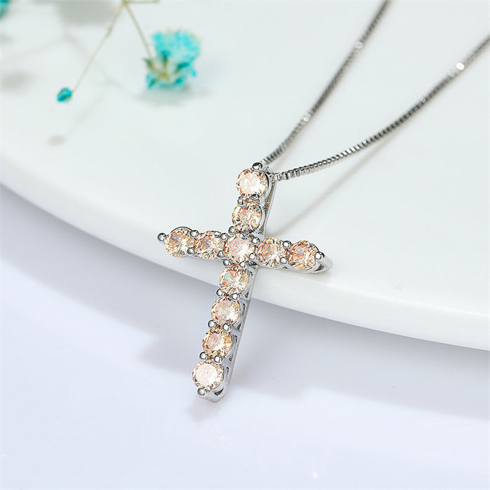 Wholesale Aqua Blue Birthstone Cross Pendant Necklace JDC-NE-ery002