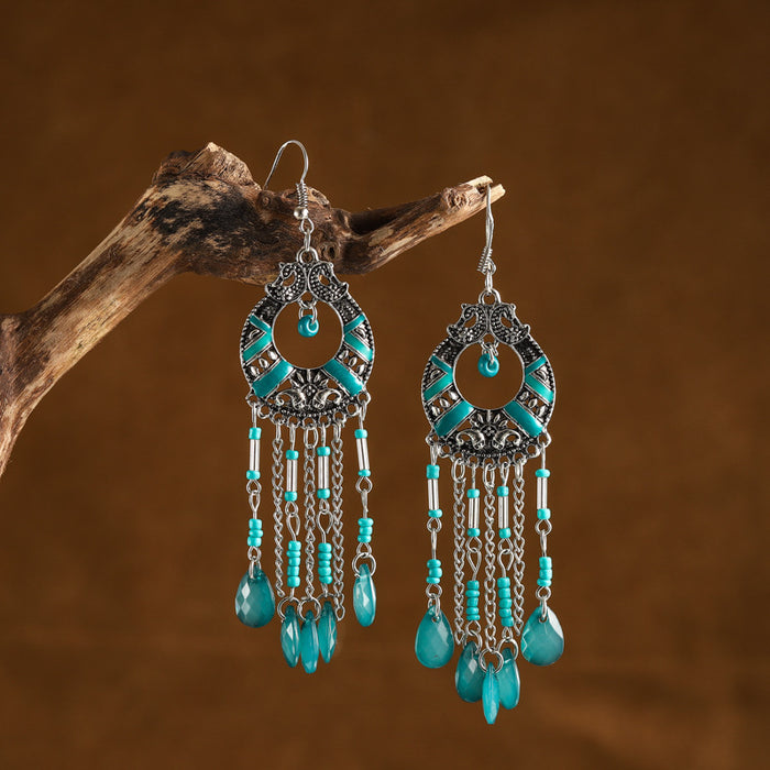 Wholesale Alloy Earrings Exaggerated Round Hollow Bohemian Long Tassel Drops JDC-ES-YYDX003