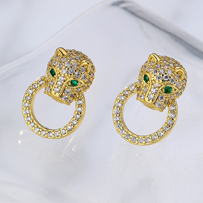 Wholesale Earrings Copper Real Gold Plated Micro Set Zircon Leopard JDC-ES-PREMAG012