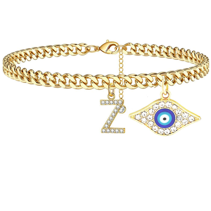 Wholesale 26 English Alphabet Devil's Eye Pendant Cuban Chain Alphabet Anklet JDC-AS-JinM001