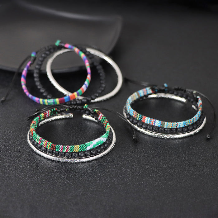 Wholesale Braided Volcanic Stone Beads Titanium Steel Bracelet Three Piece Set JDC-BT-RuiZ007