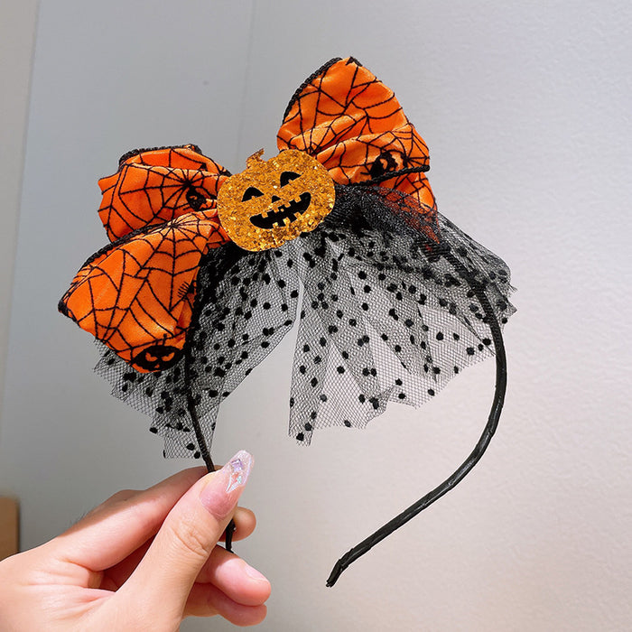 Wholesale Headband Mixed Material Halloween Pumpkin Party Bow Mesh JDC-HD-ZHENX001