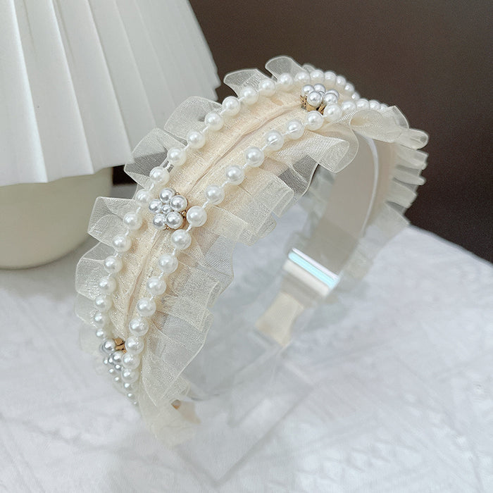 Pequeña fragancia al por mayor Lace Pearl Hair Hoop Mesh plisado Non-Slip JDC-HD-Leiy002