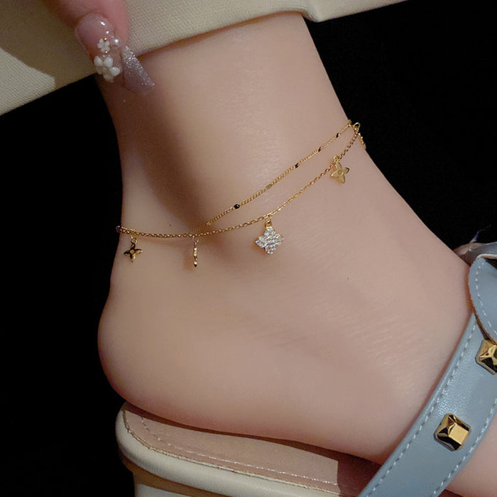 Wholesale Anklets Titanium Stee Micro-set Double-layer Four-leaf Flower l MOQ≥2 JDC-AS-DuP003