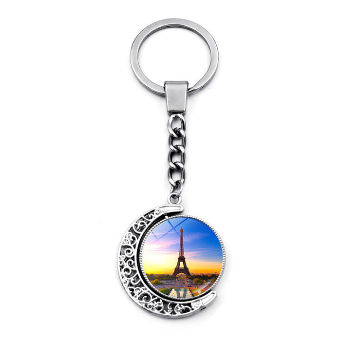 Wholesale Keychain Alloy Time Gemstone Eiffel Tower Double Sided Rotating Pendant Ornament JDC-KC-JiaY012