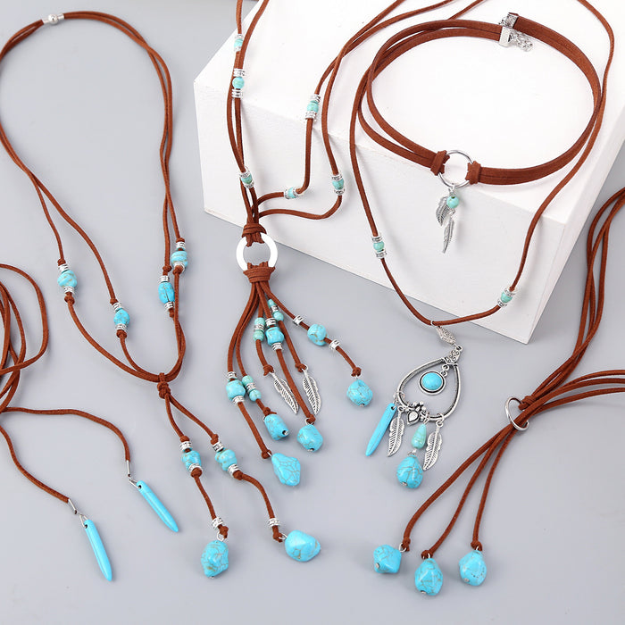 Jewelry WholesaleWholesale Boho Feather Turquoise Leather Long Necklace JDC-NE-GSJY004 Necklaces 嘉溢 %variant_option1% %variant_option2% %variant_option3%  Factory Price JoyasDeChina Joyas De China