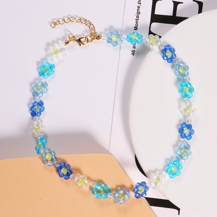 Wholesale Sweet Flower Necklace Bracelet Hand Beaded Flower Blue Set JDC-BT-SYu004