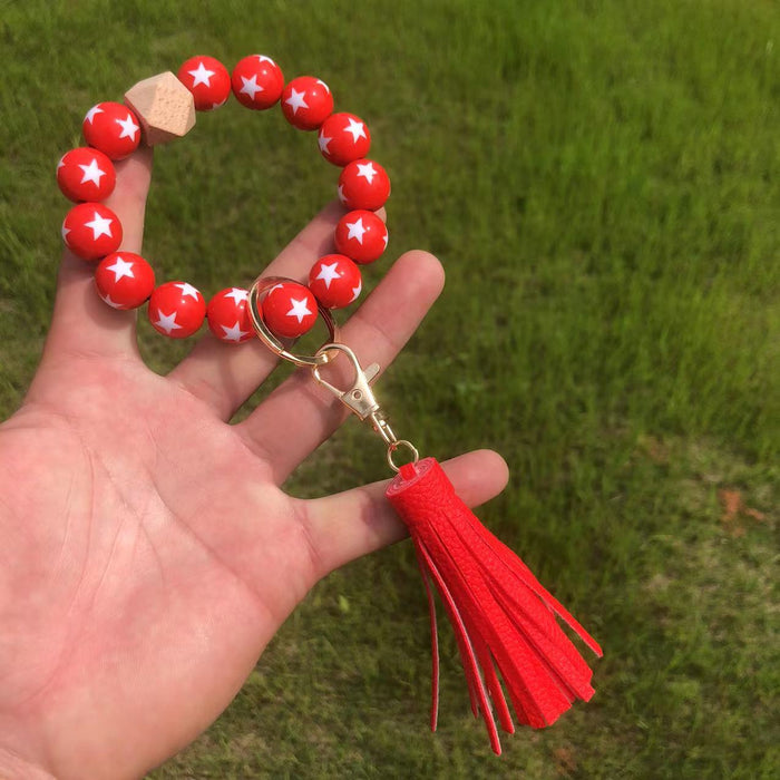 Wholesale Wooden Beaded American Flag Beaded Tassel Wristlet Keychain MOQ≥2 JDC-KC-QXue002