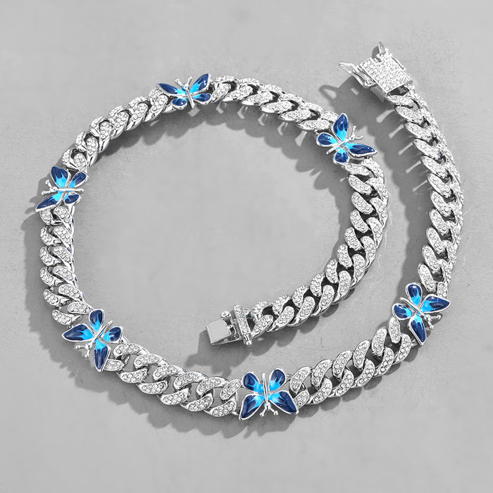 Wholesale Necklace Alloy Rhinestone Enamel Butterfly Cuban Chain Bracelet Anklet Set MOQ≥2 JDC-NE-XuanD005