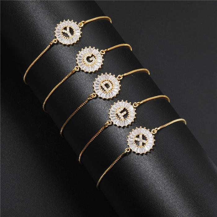 Wholesale Real Gold Electroplated Copper Inlaid Zircon Alphabet Bracelet Adjustable Zircon JDC-BT-ZhuJ010