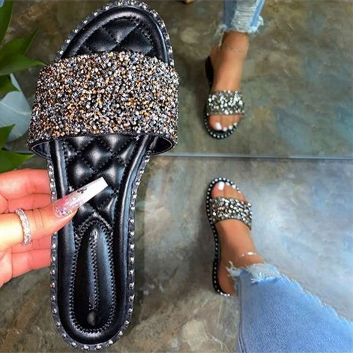 Wholesale large size cool shoes summer one word rhinestone sandals fashion women's shoes JDC-SD-ZuiM006