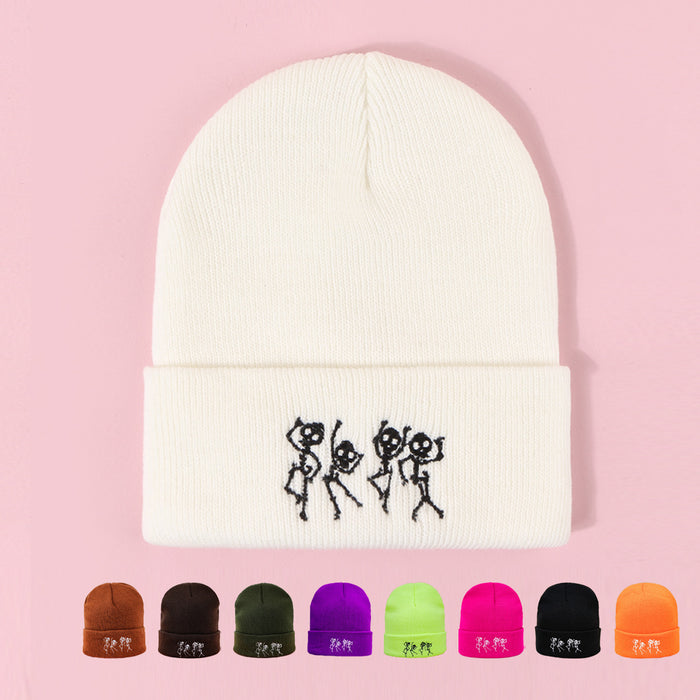 Wholesale Hat Wool Winter Warm Outdoor Embroidery Dancing Skull Knitted Hat MOQ≥2 JDC-FH-TangQ003