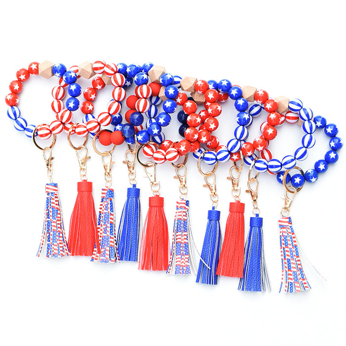 Jewelry WholesaleWholesale American Flag Independence Day Wooden Beaded Wristlet Keychain MOQ≥2 JDC-KC-MaoL001 Keychains 茂琳 %variant_option1% %variant_option2% %variant_option3%  Factory Price JoyasDeChina Joyas De China