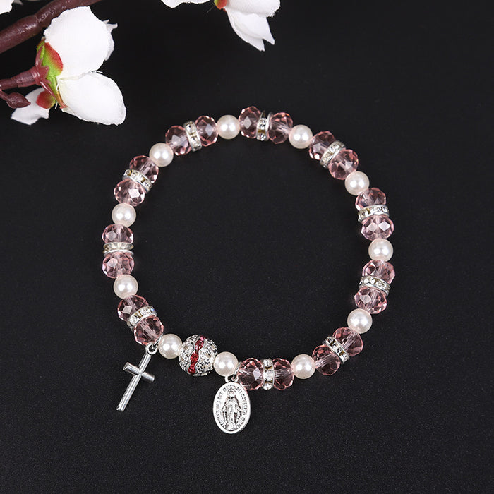 Wholesale Bracelet Alloy Pink Crystal Glass Pearl Cross Bead String MOQ≥10 JDC-BT-ShanS005