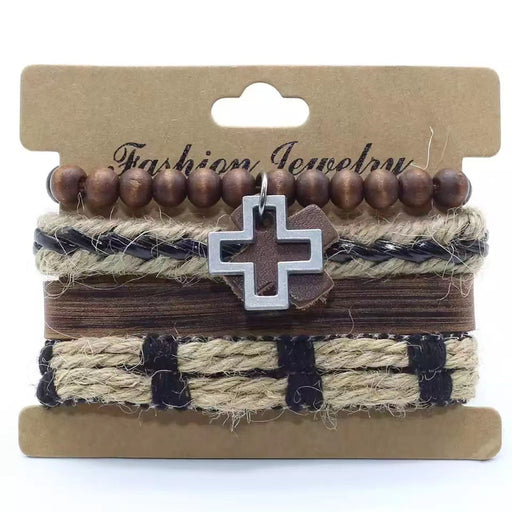 Jewelry WholesaleWholesale Four Piece Carpunk Hardware Braided Leather Bracelet Multilayer Set Cross MOQ≥3 JDC-BT-BaB014 Bracelet 巴别 %variant_option1% %variant_option2% %variant_option3%  Factory Price JoyasDeChina Joyas De China