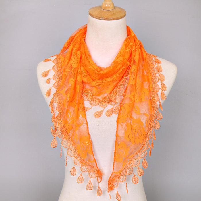 Wholesale Nylon Lace Triangular Scarf Rose Flower Tassel Triangle Scarf JDC-SF-WenJ002