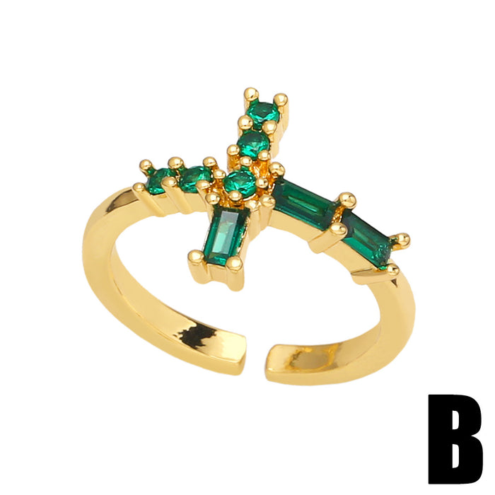 Wholesale Ring Copper Plated 18K Gold Zircon Emerald Adjustable JDC-PREMAS-RS-011